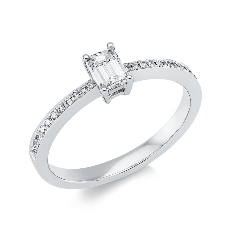 Ring 18 kt WG, 1 Sm.schliff 0,36 ct, TW-vsi, 22 Brill. 0,10 ct, TW-vsi