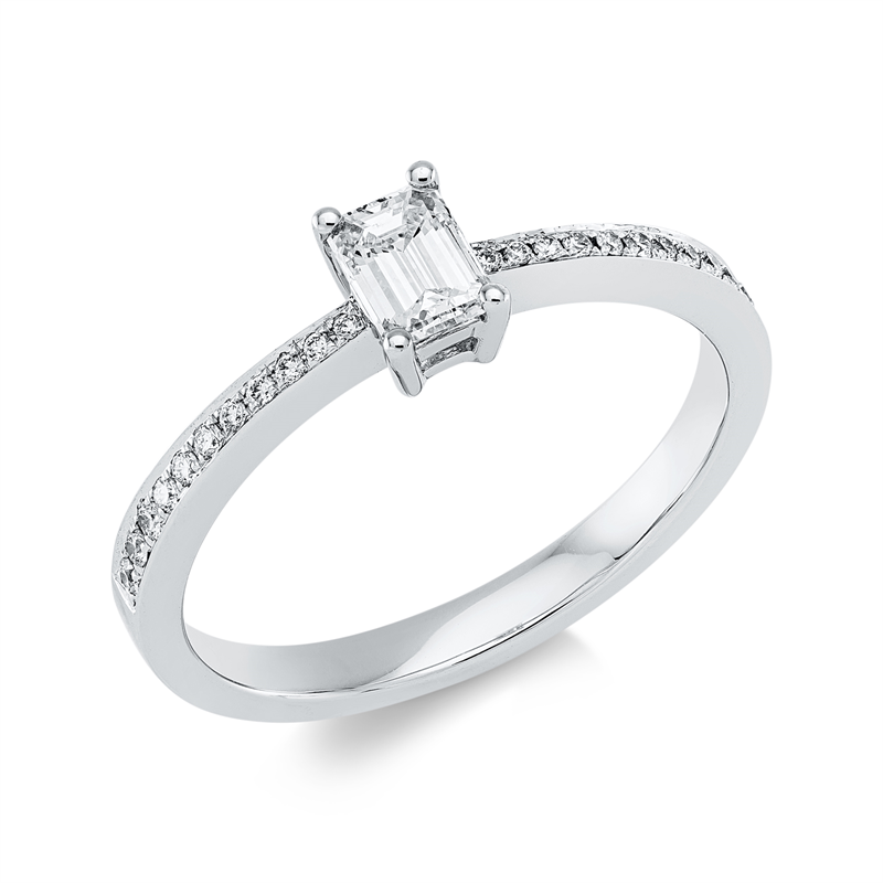 Ring 18 kt WG, 1 Sm.schliff 0,36 ct, TW-vsi, 22 Brill. 0,10 ct, TW-vsi