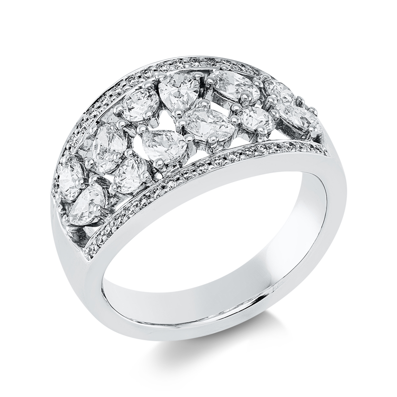Ring 18 kt WG, 5 Brill. 0,49 ct, 4 Tropfen 0,55 ct, 3 Oval 0,48 ct, 38 Brill. 0,18 ct, TW-vsi