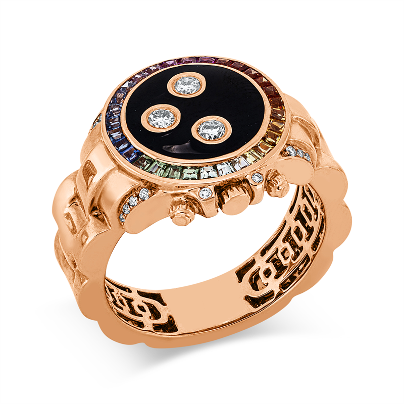 Ring 18 kt RG, 3 Brill. 0,16 ct, TW-si, 18 Brill. 0,05 ct, TW-si, 1 Emaille 0,20 ct schwarz, 30 Saphire 0,66 ct multicolor