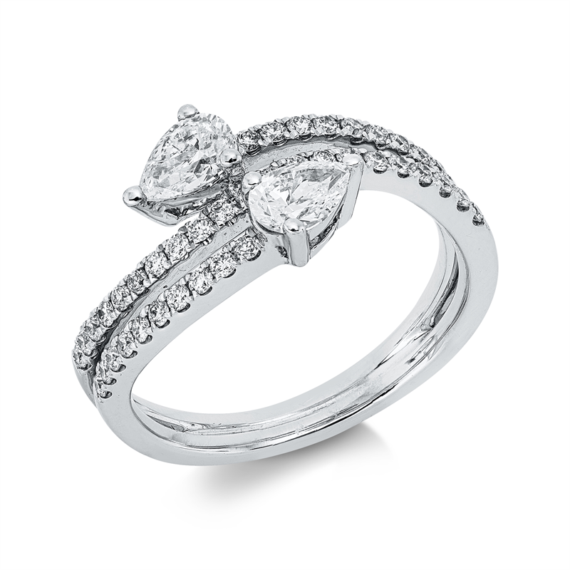 Ring 18 kt WG, 2 Tropfen 0,56 ct, TW-vsi, 41 Brill. 0,35 ct, TW-vsi
