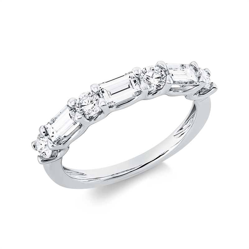 Ring 18 kt WG, 3 Bag. 0,57 ct, TW-vsi, 4 Brill. 0,39 ct, TW-vsi