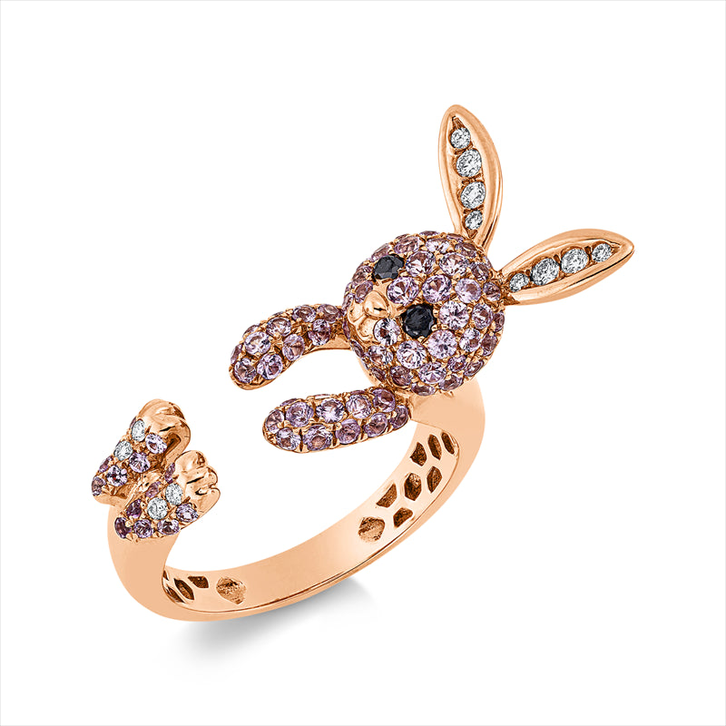 Ring 18 kt RG, 12 Brill. 0,10 ct, TW-vsi, 2 Brill. 0,05 ct, schwarz, 87 Saphire 1,11 ct pink