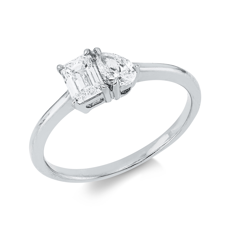 Ring 18 kt WG, 1 Sm.schliff 0,46 ct, F-vsi, 1 Tropfen 0,23 ct, F-vsi