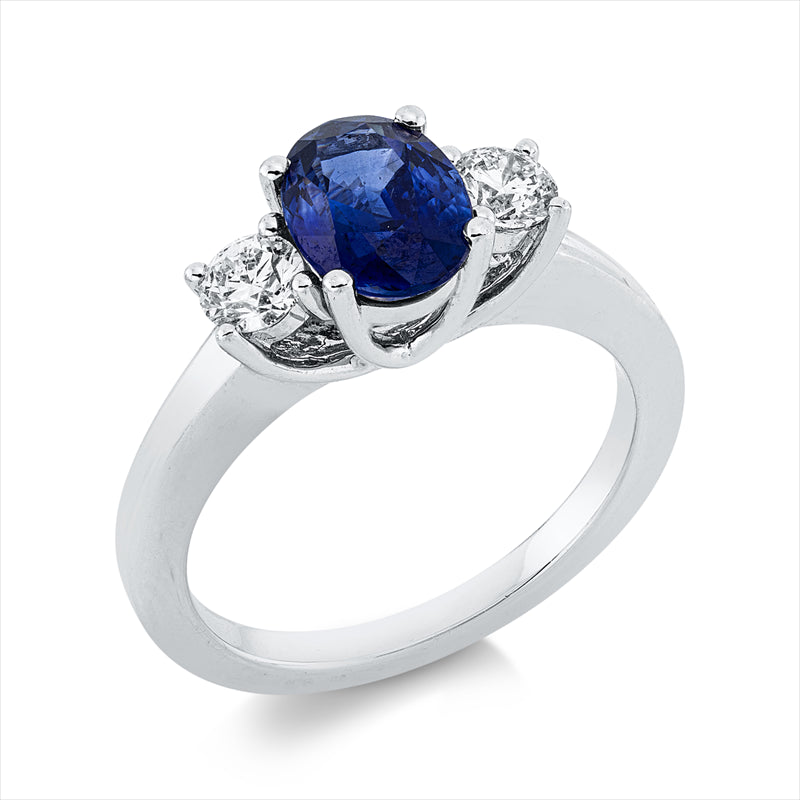 Ring 18 kt WG, 2 Brill. 0,38 ct, TW-si, 1 Saphir 1,59 ct blau