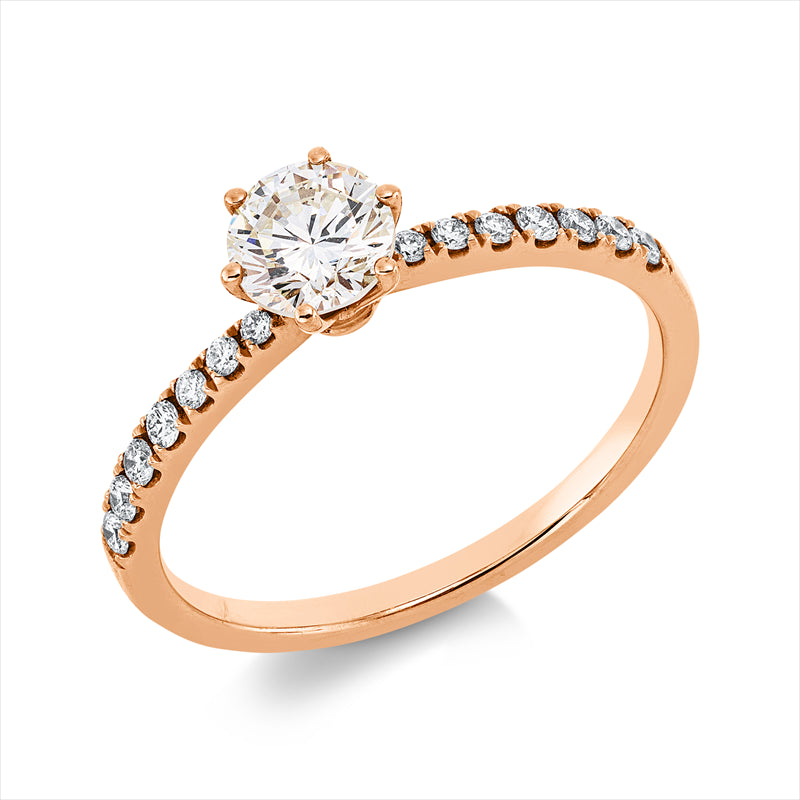 Ring 18 kt RG, 6 Brill. 0,04 ct, TW-si, 1 Brill. 0,52 ct, TW-si, 8 Brill. 0,09 ct, TW-si