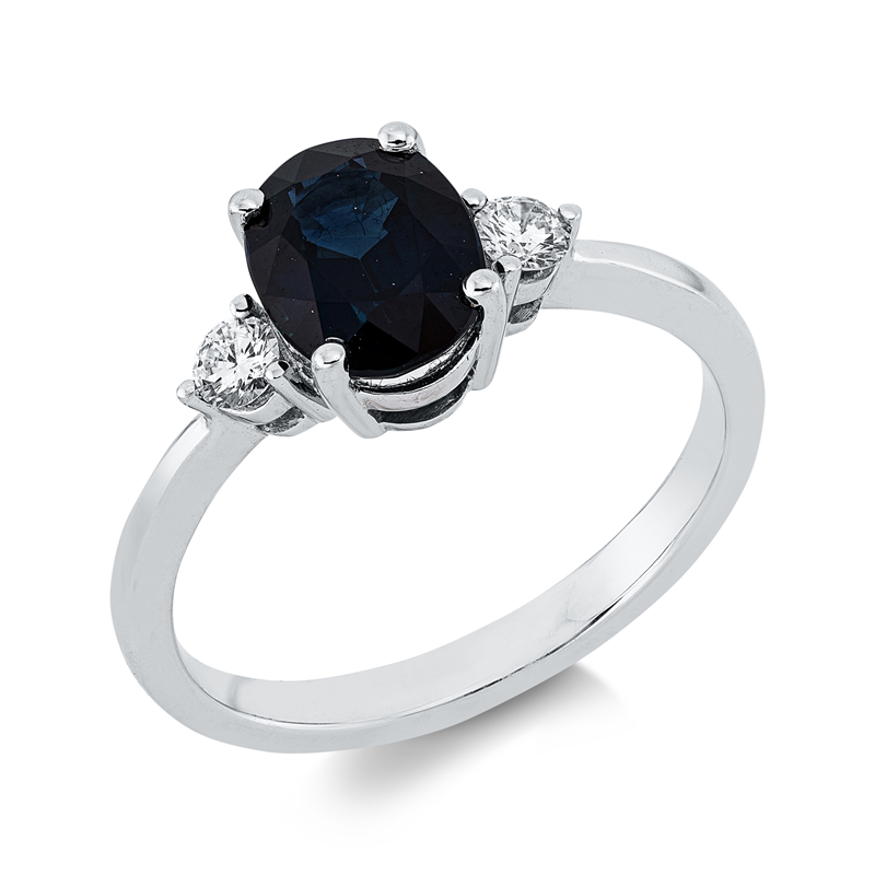 Ring 18 kt WG, 2 Brill. 0,14 ct, TW-vsi, 1 Saphir 1,64 ct blau