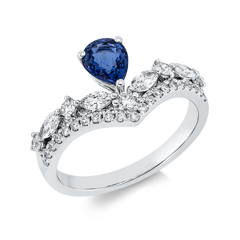 Ring 18 kt WG, 4 Nav. 0,23 ct, TW-si, 26 Brill. 0,28 ct, TW-si, 1 Saphir 0,64 ct blau