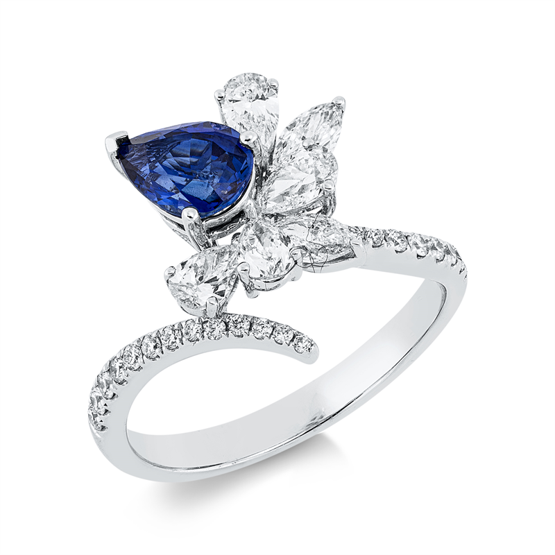 Ring 18 kt WG, 4 Tropfen 0,53 ct, TW-si, 2 Nav. 0,25 ct, TW-si, 21 Brill. 0,17 ct, TW-si, 1 Saphir 1,01 ct blau