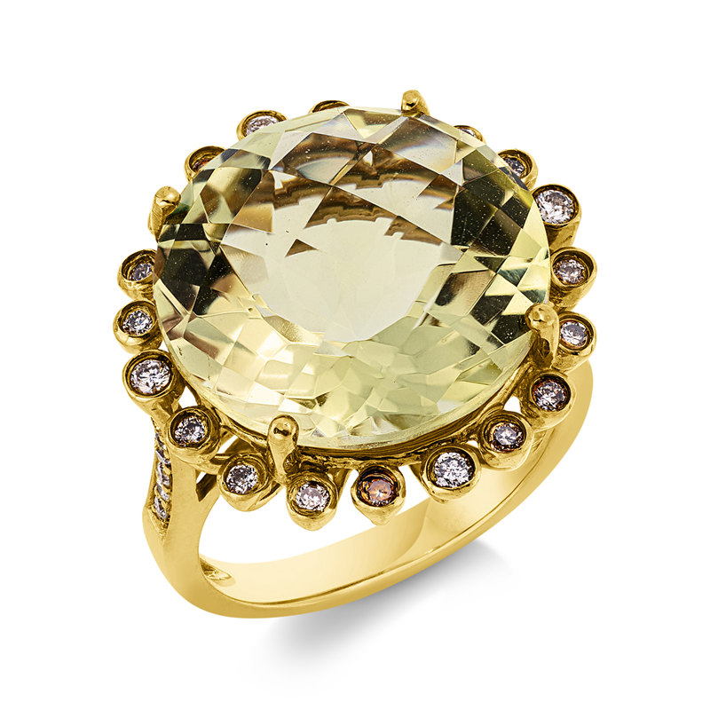 Ring 18 kt GG, 34 Brill. 0,37 ct, fancy-pi, 1 Lemonquarz 12,64 ct grün