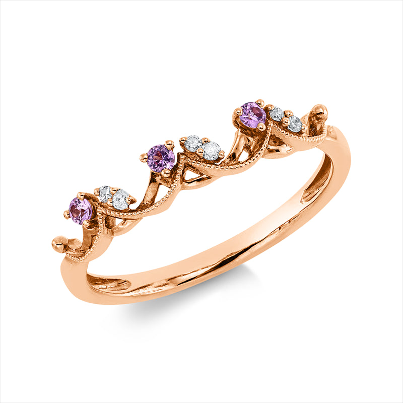 Ring 18 kt RG, 6 Brill. 0,03 ct, TW/W-pi, 3 Saphire 0,08 ct pink