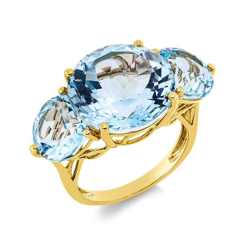 Ring 18 kt GG, 1 Topas 13,30 ct sky blue, 2 Topase 6,50 ct sky blue