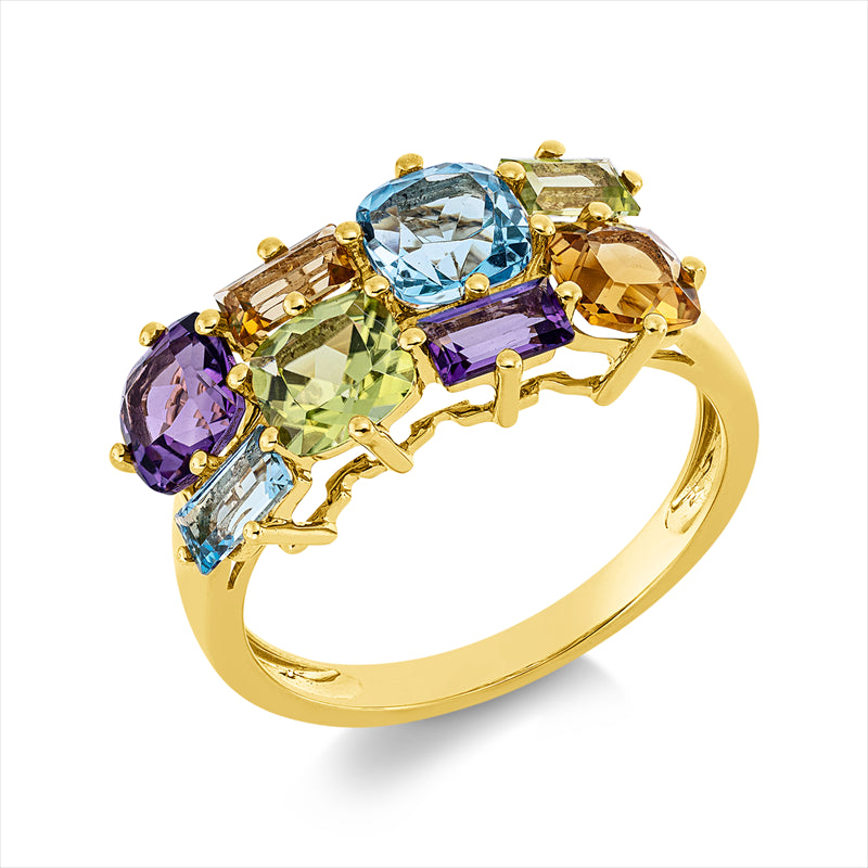 Ring 18 kt GG, 4 Farbsteine 2,80 ct multicolor, 4 Farbsteine 0,80 ct multicolor