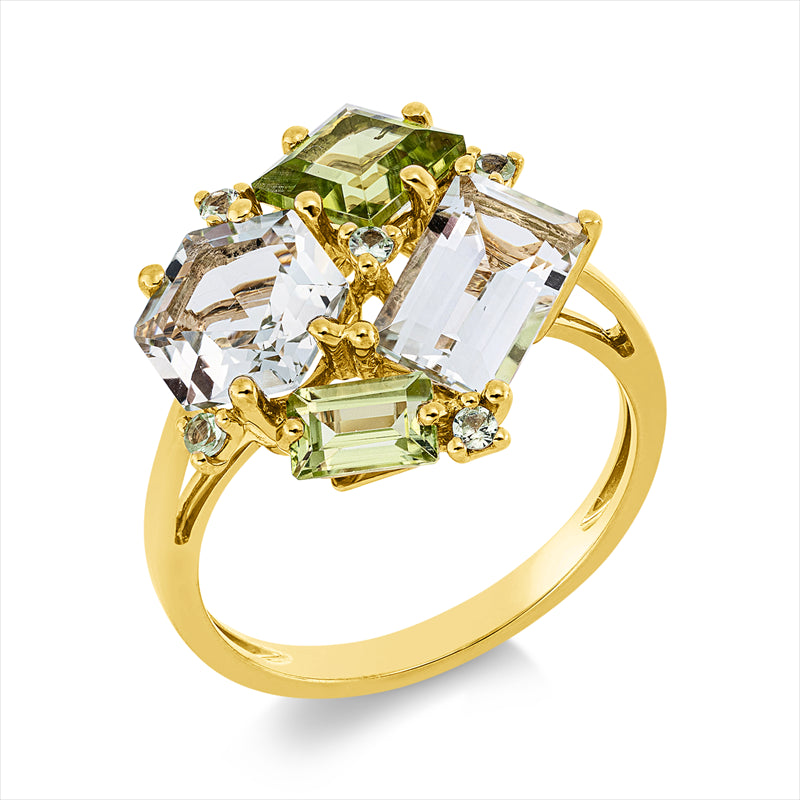 Ring 18 kt GG, 2 Peridot 1,60 ct grün, 2 Amethyste 2,70 ct grün, 5 Tsavorith 0,11 ct grün
