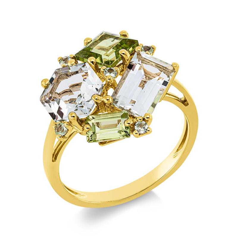 Ring 18 kt GG, 2 Peridot 1,60 ct grün, 2 Amethyste 2,70 ct grün, 5 Granat 0,11 ct grün