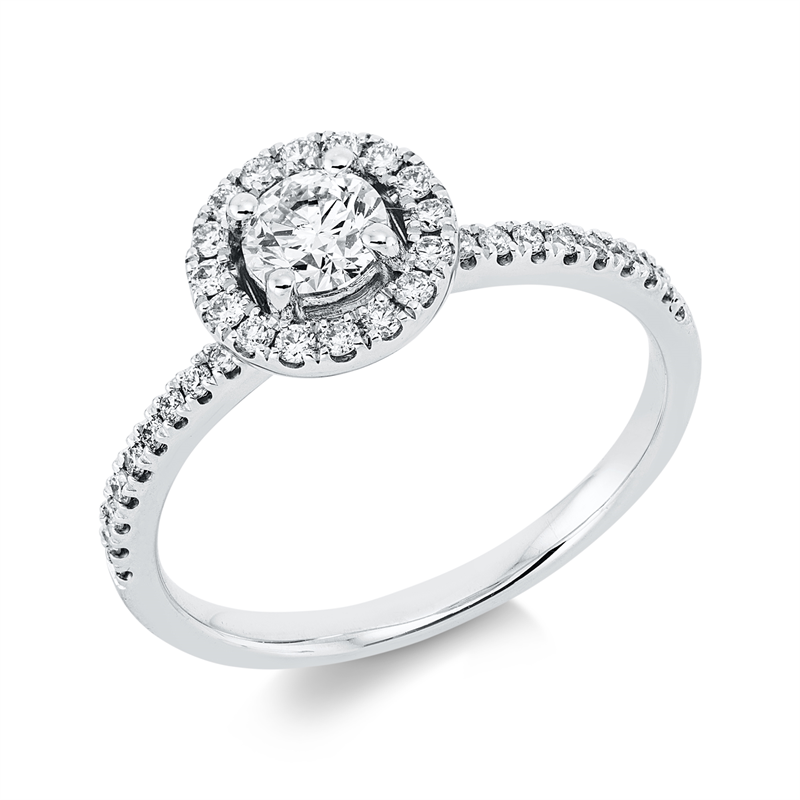 Ring 14 kt WG, 1 Brill. 0,38 ct, W-si, 36 Brill. 0,27 ct, W-si/pi