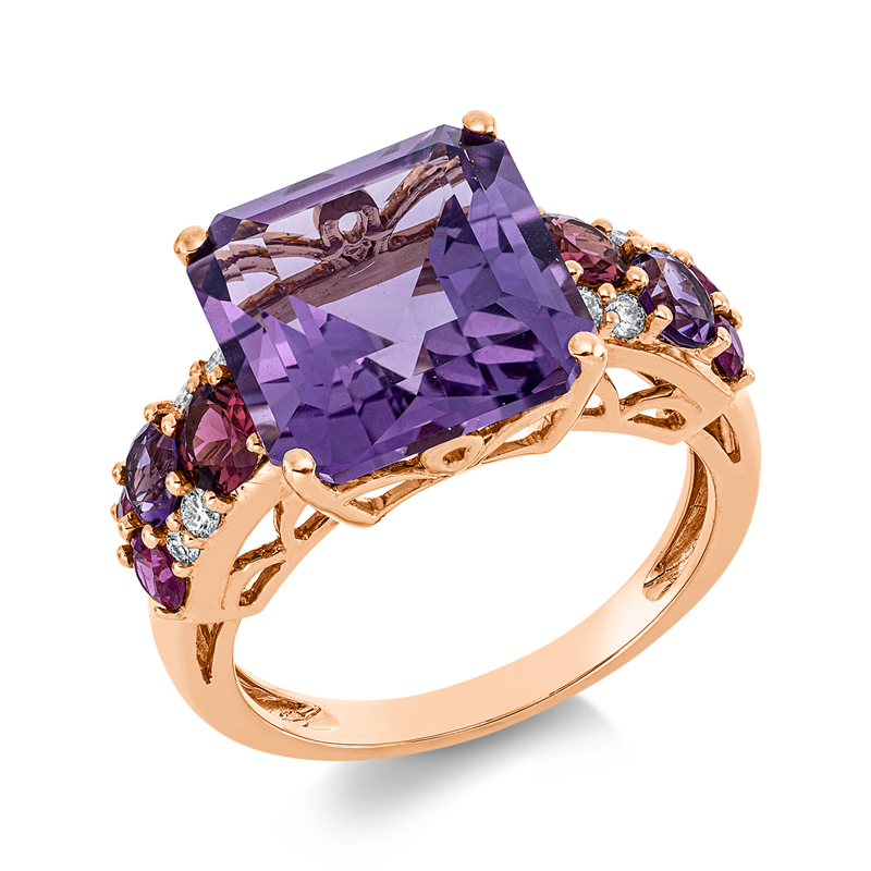 Ring 18 kt RG, 8 Brill. 0,13 ct, TW-si, 1 Amethyst 6,70 ct pink, 2 Turmalin 0,40 ct pink, 2 Amethyste 0,30 ct lila, 4 Saphire 0,39 ct pink