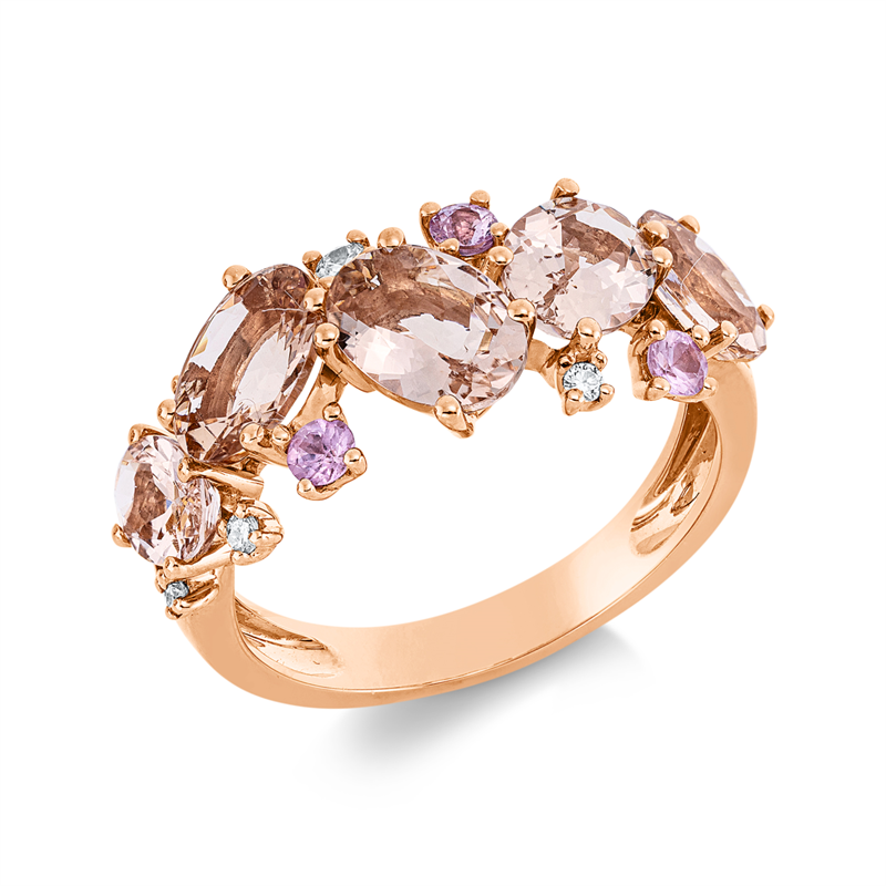 Ring 18 kt RG, 5 Brill. 0,10 ct, TW-si, 5 Morganit 3,00 ct rosa, 3 Saphire 0,23 ct pink