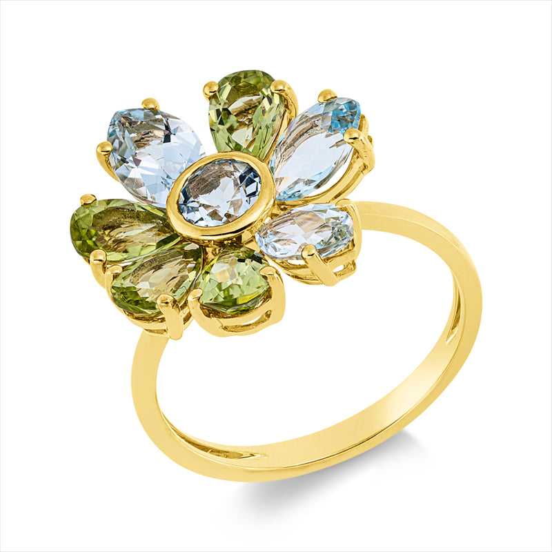 Ring 18 kt GG, 4 Peridot 1,80 ct grün, 3 Topase 2,30 ct sky blue, 1 Topas 0,50 ct sky blue