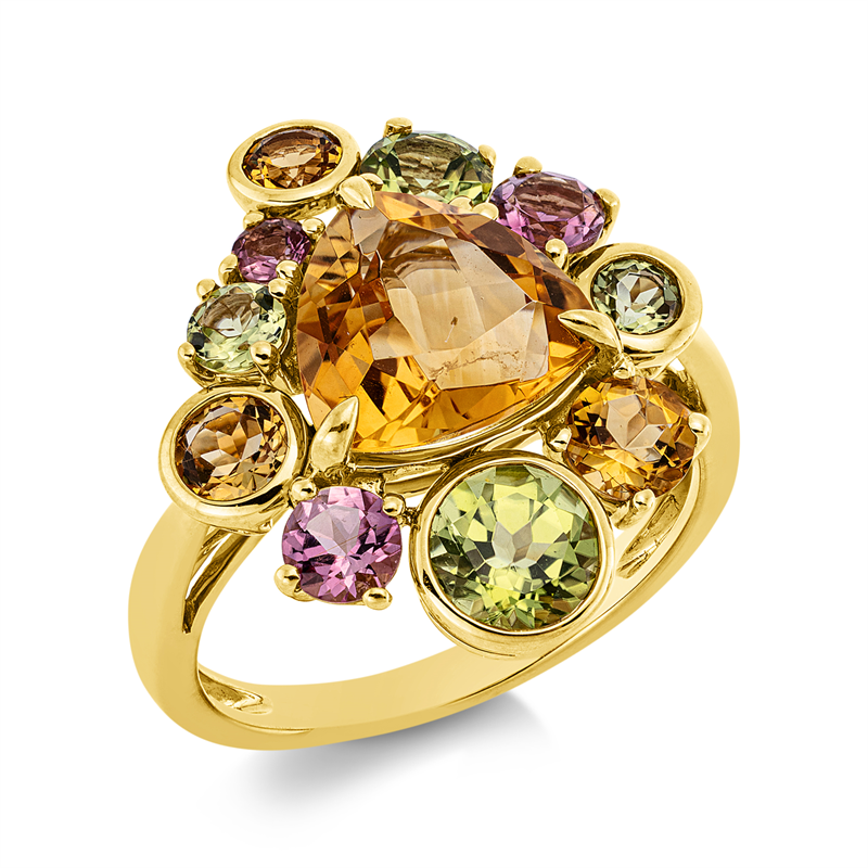Ring 18 kt GG, 4 Peridot 1,20 ct grün, 3 Turmalin 0,50 ct pink, 3 Citrin 0,60 ct gelb, 1 Citrin 2,50 ct gelb