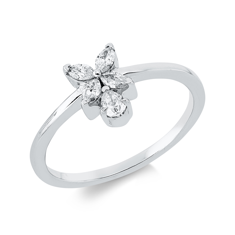Ring 18 kt WG, 1 Tropfen 0,10 ct, TW-si, 4 Nav. 0,19 ct, TW-si