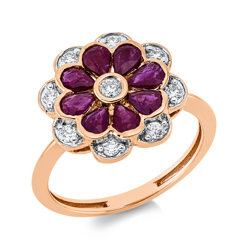 Ring 18 kt RG, 1 Brill. 0,05 ct, TW-si, 8 Brill. 0,21 ct, TW-si, 8 Rubine 1,05 ct rot