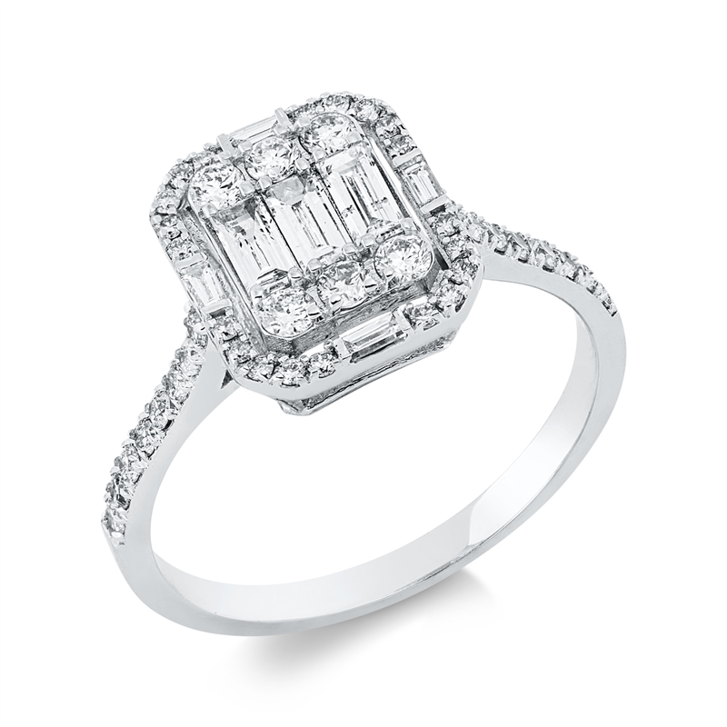 Ring 14 kt WG, 6 Brill. 0,19 ct, F-si, 4 Bag. 0,07 ct, F-vsi, 3 Bag. 0,24 ct, F-vsi, 36 Brill. 0,26 ct, F-si