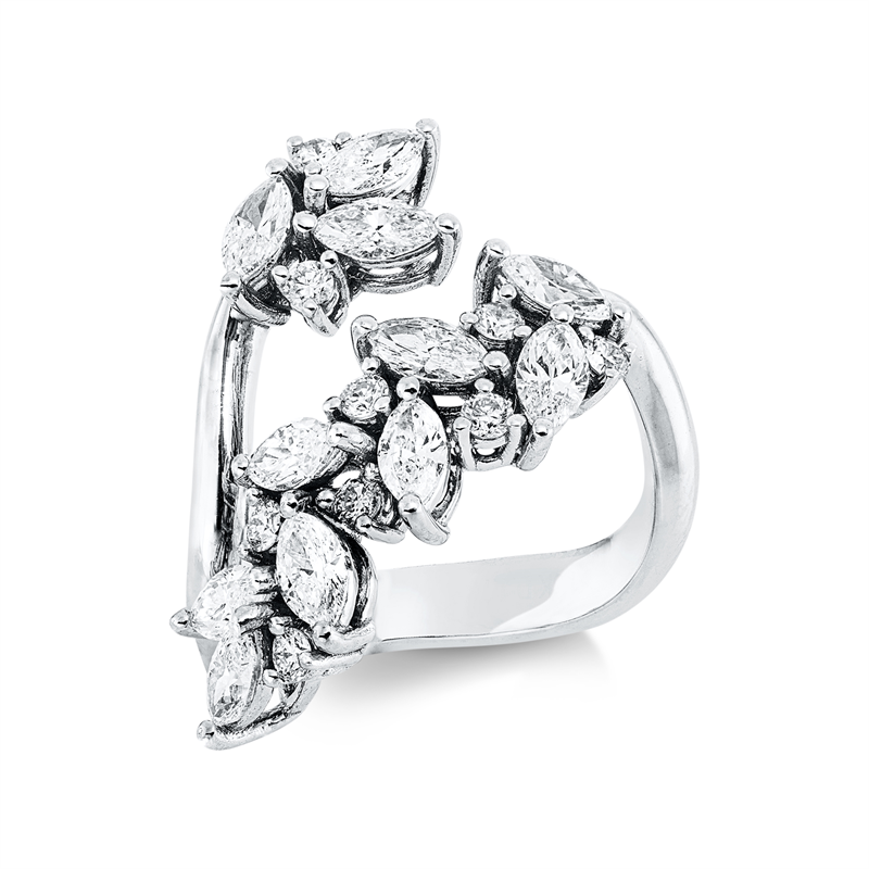 Ring 18 kt WG, 11 Nav. 1,50 ct, F-si, 9 Brill. 0,28 ct, F-si