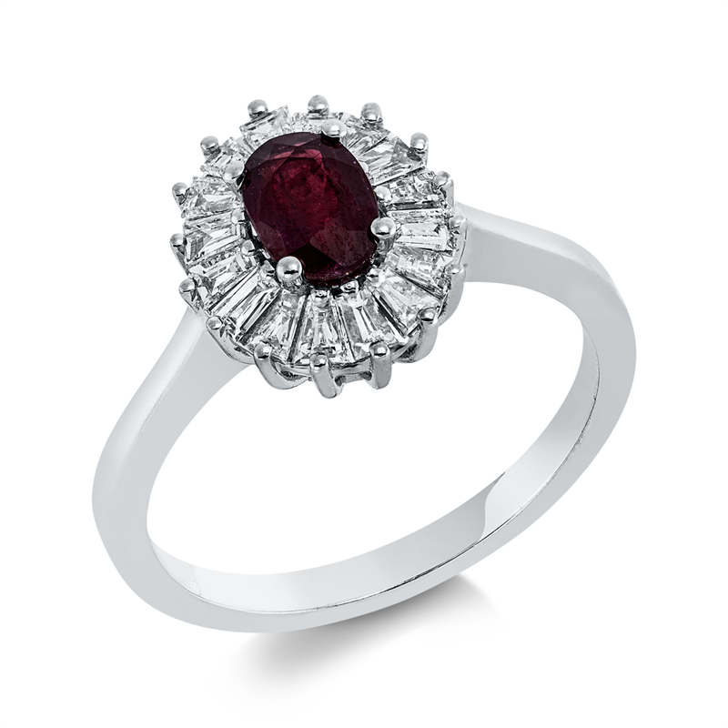 Ring 18 kt WG, 16 Trap. 0,44 ct, F-vsi, 1 Rubin 0,62 ct rot