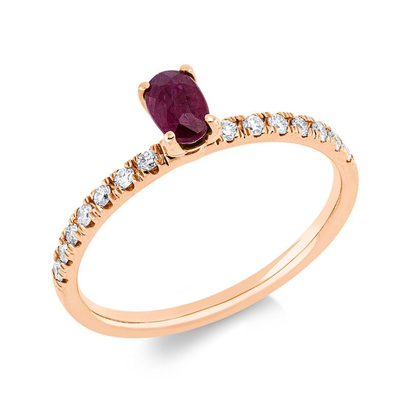 Ring 18 kt RG, 14 Brill. 0,16 ct, F-si, 1 Rubin 0,37 ct rot