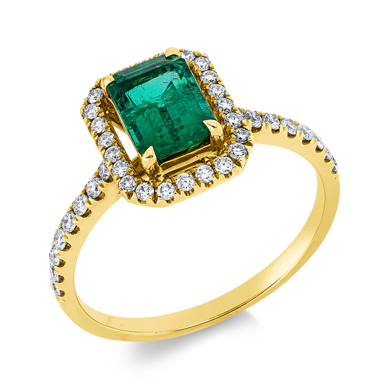 Ring 18 kt GG, 40 Brill. 0,32 ct, TW-si, 1 Smaragd 1,09 ct grün
