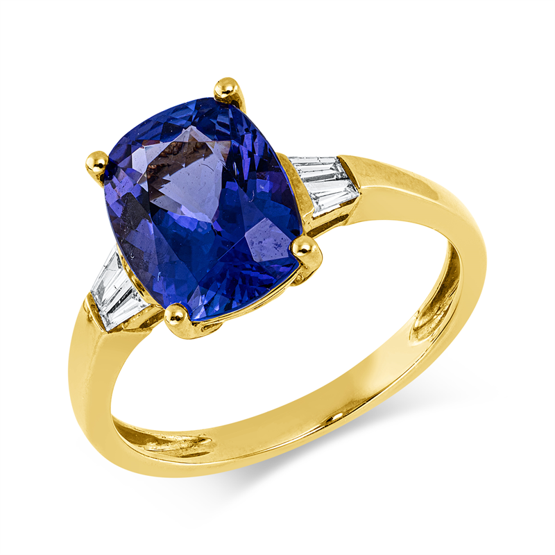 Ring 18 kt GG, 4 Trap. 0,13 ct, TW-si, 1 Tansanit 2,87 ct blau