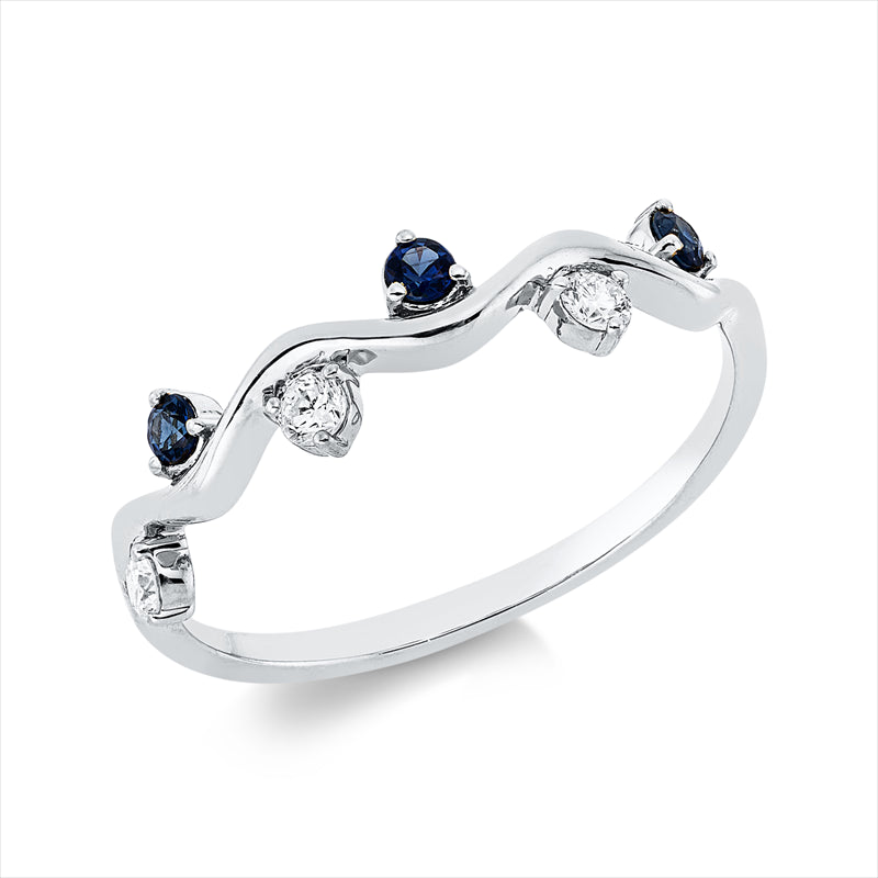 Ring 18 kt WG, 3 Brill. 0,10 ct, TW-vsi/si, 3 Saphire 0,10 ct blau