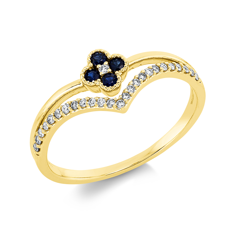 Ring 18 kt GG, 26 Brill. 0,11 ct, TW-si, 4 Saphire 0,16 ct blau