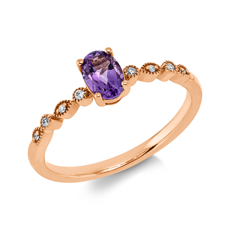 Ring 18 kt RG, 8 Brill. 0,03 ct, TW-si, 1 Amethyst 0,60 ct lila