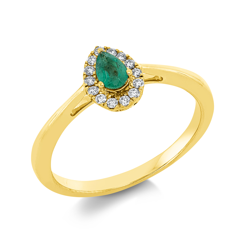 Ring 18 kt GG, 14 Brill. 0,09 ct, TW-si, 1 Smaragd 0,19 ct grün