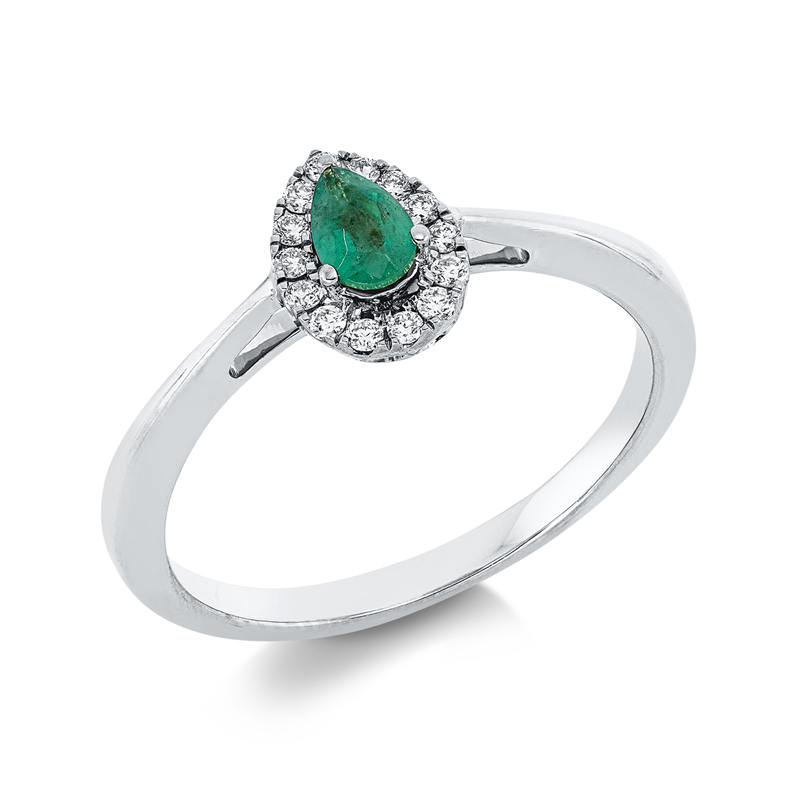 Ring 18 kt WG, 14 Brill. 0,09 ct, TW-si, 1 Smaragd 0,20 ct grün