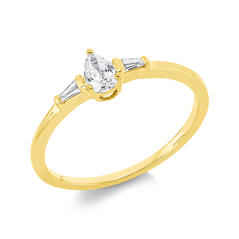 Ring 18 kt GG, 1 Tropfen 0,20 ct, TW-si, 2 Trap. 0,05 ct, TW-si