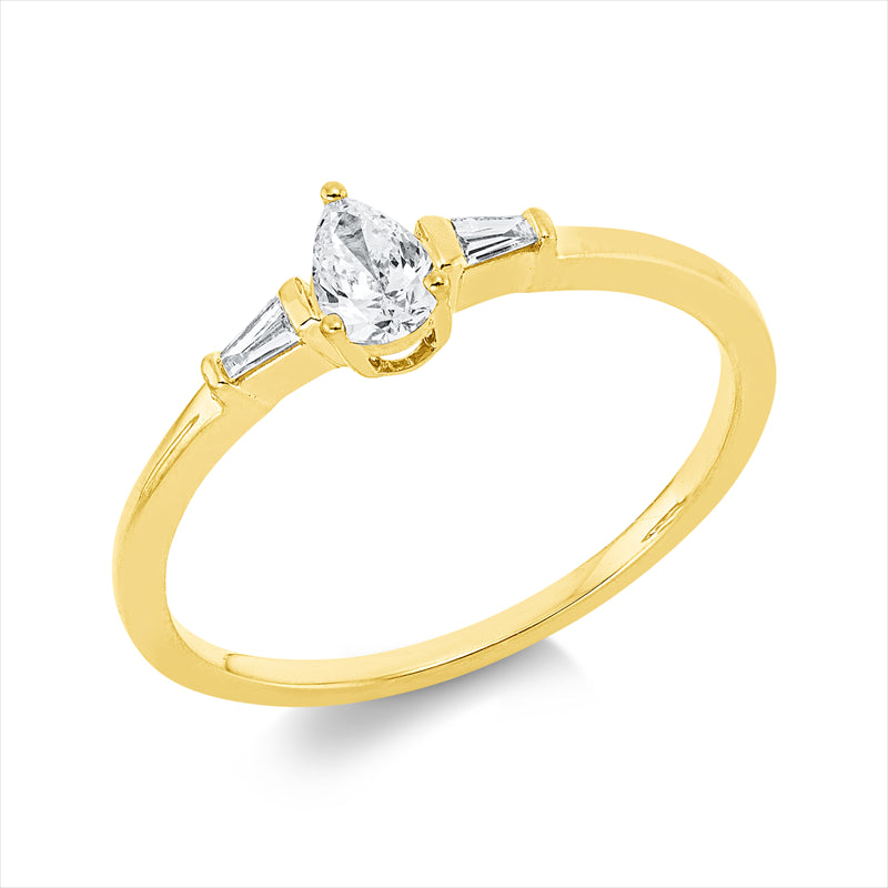 Ring 18 kt GG, 1 Tropfen 0,20 ct, TW-si, 2 Trap. 0,06 ct, TW-si