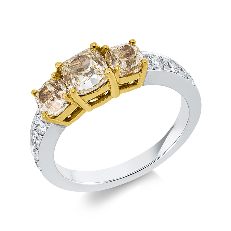 Ring 18 kt WG+GG, 8 Brill. 0,38 ct, TW-si, 2 Cushion 0,88 ct, gelb, 1 Cushion 1,02 ct, gelb