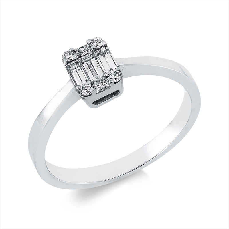 Ring 18 kt WG, 1 Princ. 0,05 ct, TW-si, 3 Bag. 0,18 ct, TW-si, 4 Brill. 0,05 ct, TW-si