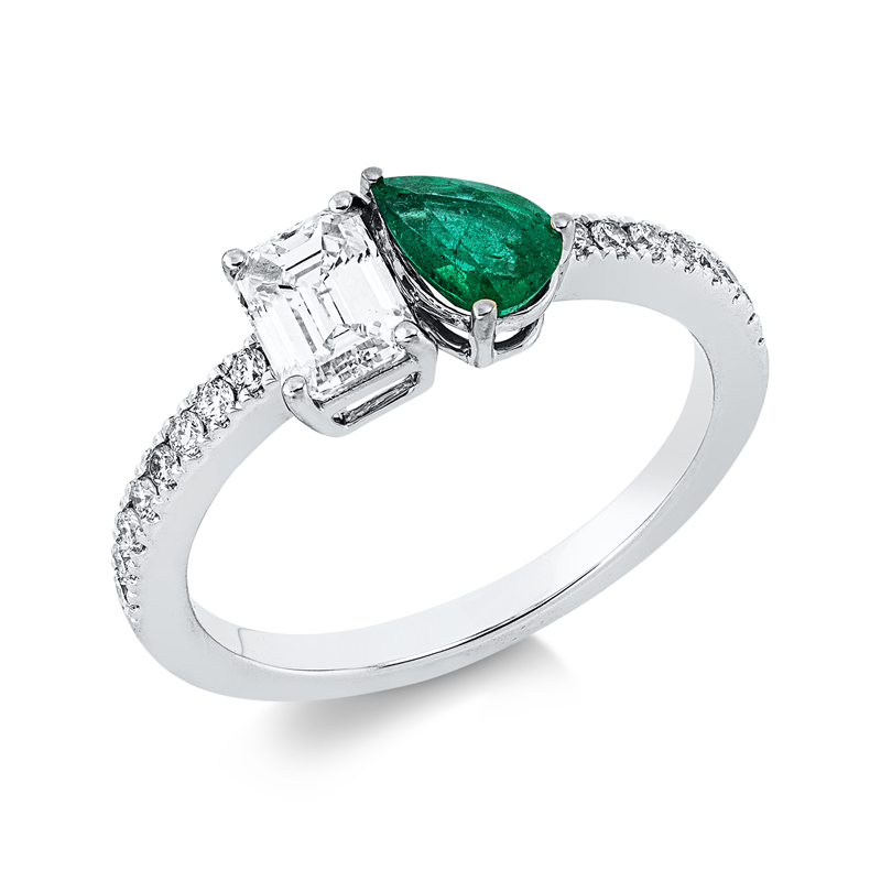 Ring 18 kt WG, Krappen vergoldet, 1 Sm.schliff 0,64 ct, TW-si, 16 Brill. 0,16 ct, TW-si, 1 Smaragd 0,38 ct grün