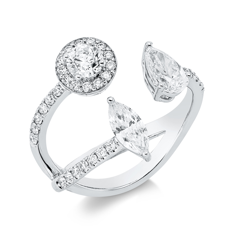 Ring 18 kt WG, 2 Fant-Schl. 0,65 ct, F-vsi/si, 33 Brill. 0,51 ct, F-vsi/si