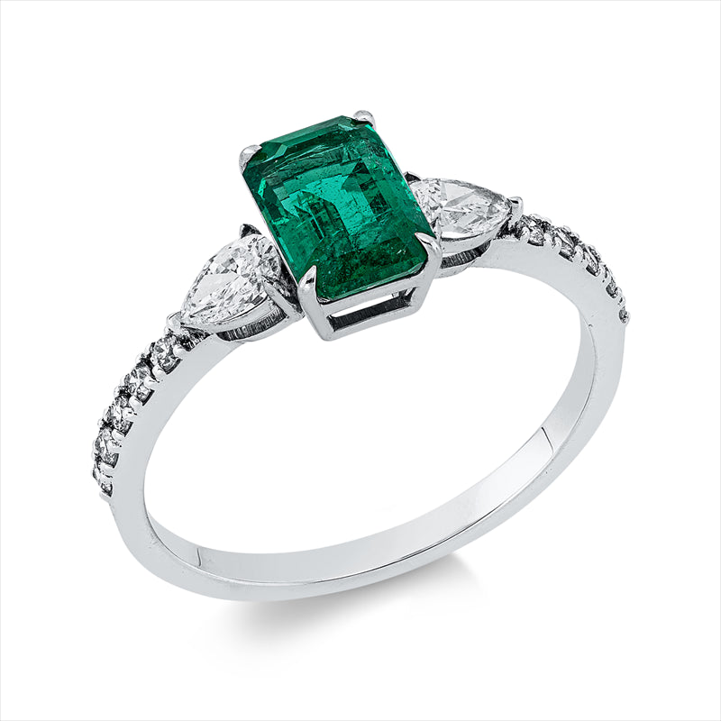 Ring 18 kt WG, 2 Tropfen 0,27 ct, TW-vsi, 10 Brill. 0,11 ct, TW-vsi, 1 Smaragd 1,06 ct grün
