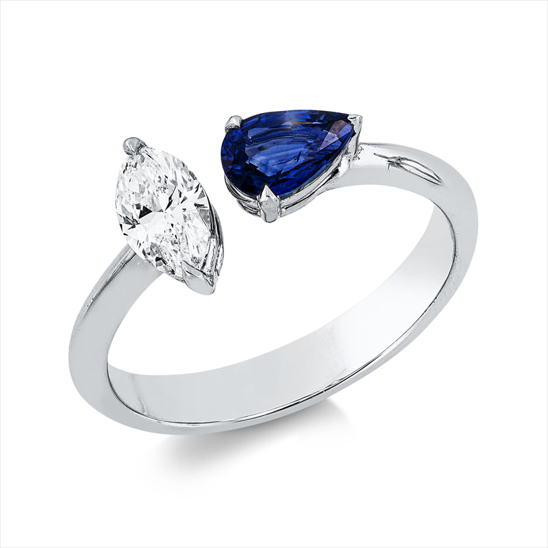 Ring 18 kt WG, 1 Nav. 0,43 ct, TW-vsi, 1 Saphir 0,62 ct blau