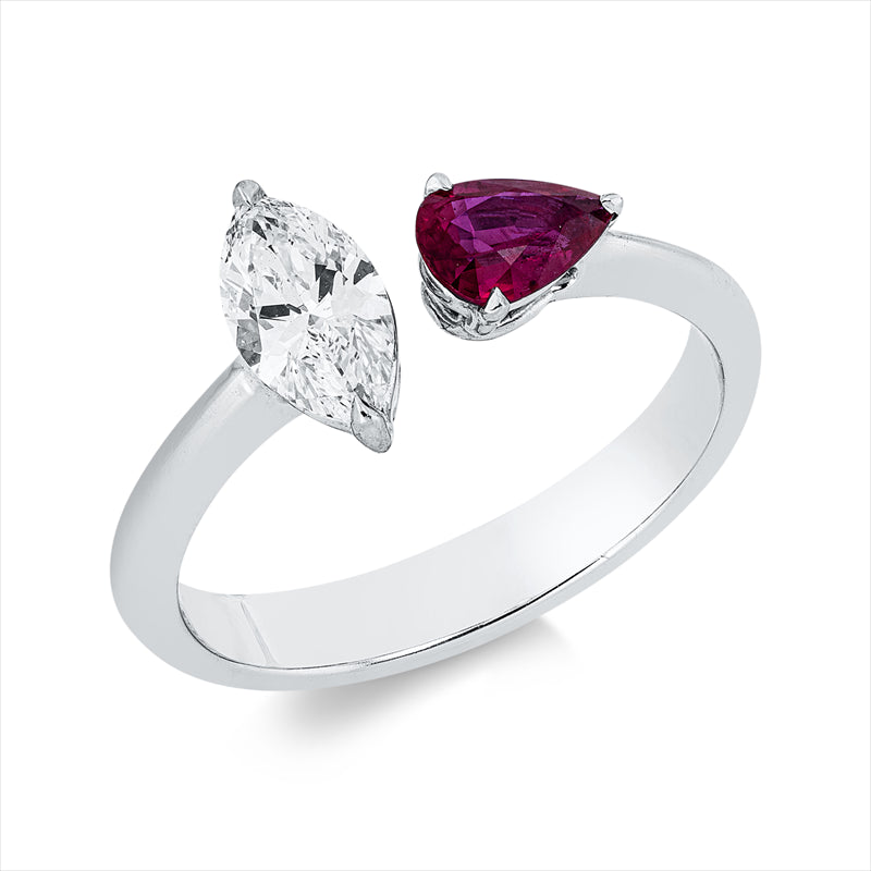 Ring 18 kt WG, GIA 2476027280, 1 Nav. 0,50 ct, E-vs2, 1 Rubin 0,38 ct rot