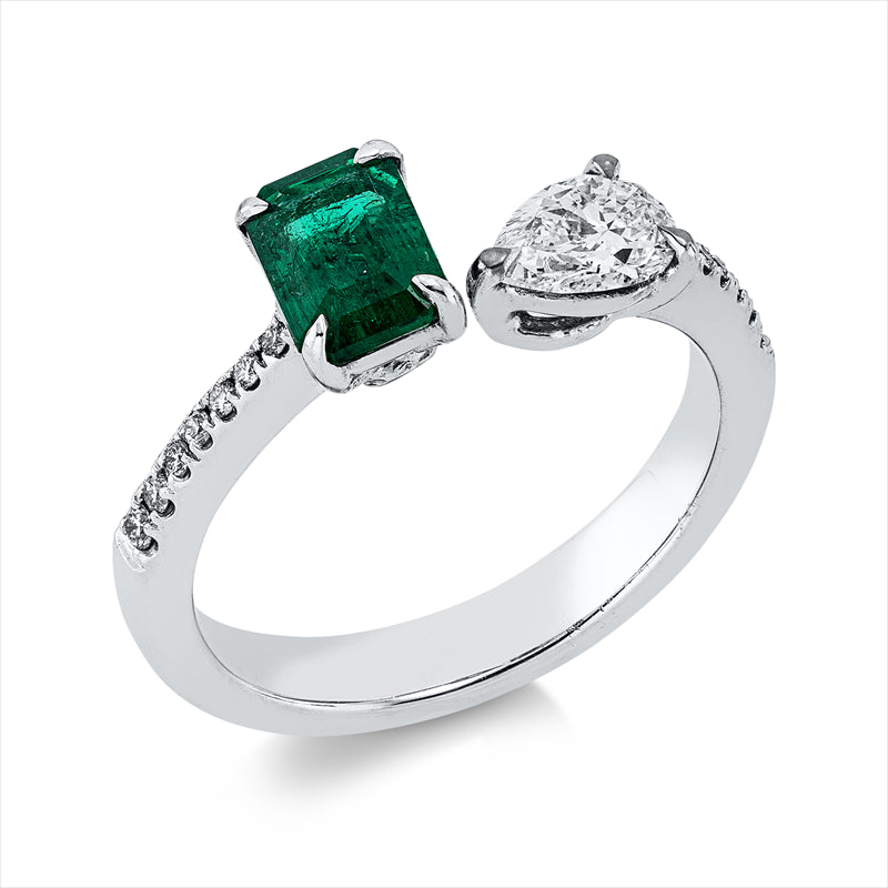 Ring 18 kt WG, 1 Tropfen 0,41 ct, TW-vsi, 14 Brill. 0,08 ct, TW-vsi, 1 Smaragd 0,75 ct grün