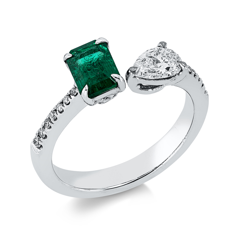 Ring 18 kt WG, 1 Tropfen 0,41 ct, TW-vsi, 14 Brill. 0,08 ct, TW-vsi, 1 Smaragd 0,75 ct grün