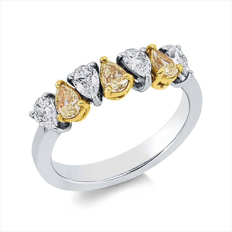 Ring 18 kt WG+GG, 4 Tropfen 0,54 ct, TW-vsi, 3 Tropfen 0,47 ct, gelb