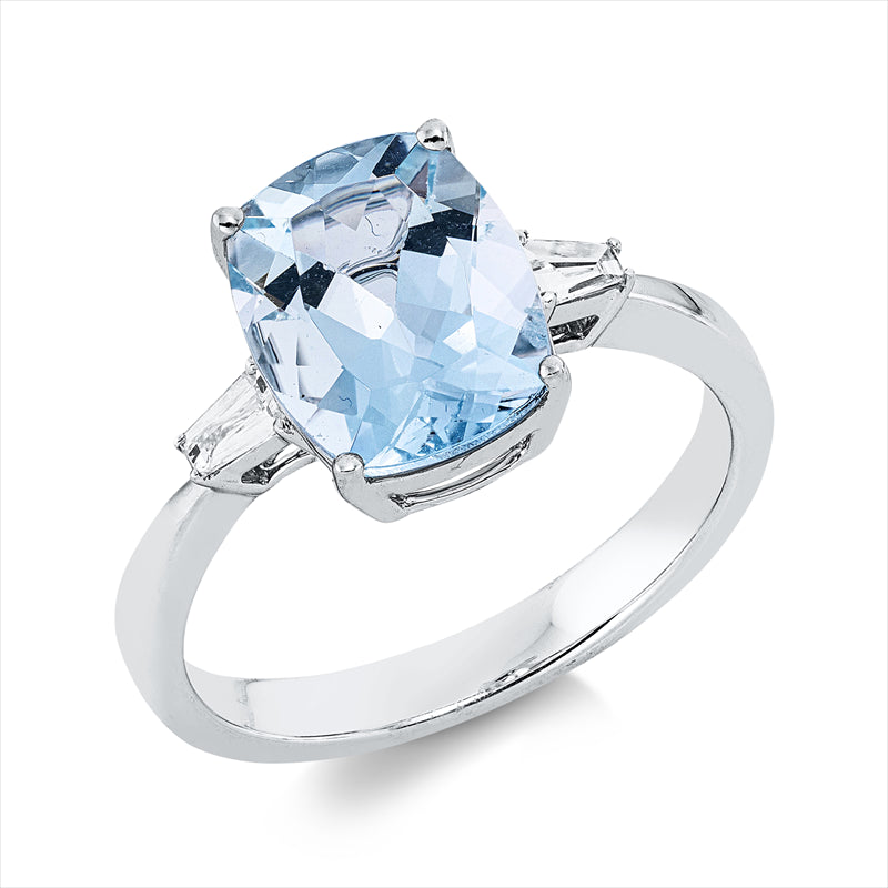 Ring 18 kt WG, 2 Trap. 0,12 ct, TW-si, 1 Aquamarin 2,58 ct blau